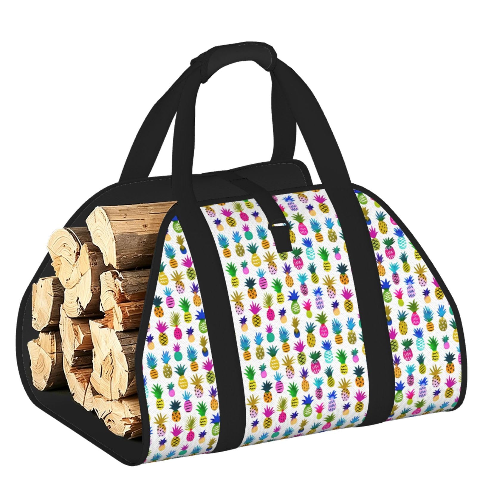 Ayyqwe Black Colorful Pineapple Print Firewood Bag Wood Waterproof Versatile Camping Picnic Storage Daily Home