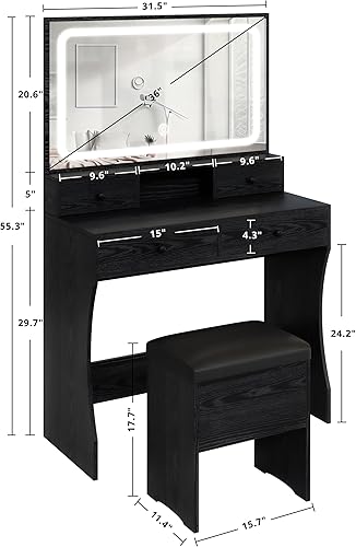 Vista 11 de IRONCK Vanity Desk with LED Lighted Mirror & Power Outlet, Makeup Vanities Table with 4 Drawers,Storage Bench,Dressing Table for Bedroom White