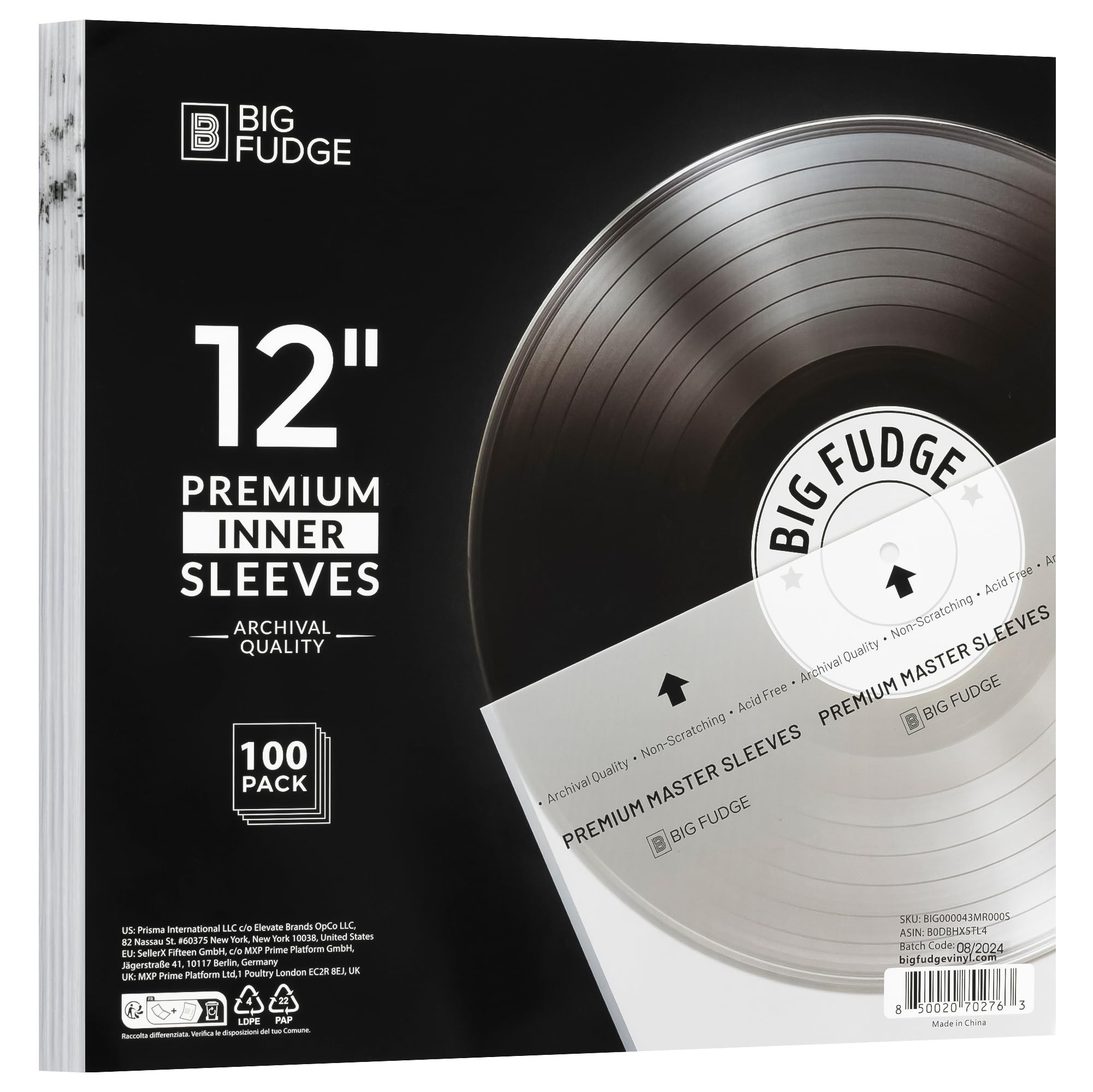 Big Fudge 12" Vinyl Record Sleeves - Premium Inner Sleeves 100 Pack - Anti Static Rice Paper Acid Free Vinyl Covers - Accessories Protect LP Albums from Dust, Dirt & Scratches
