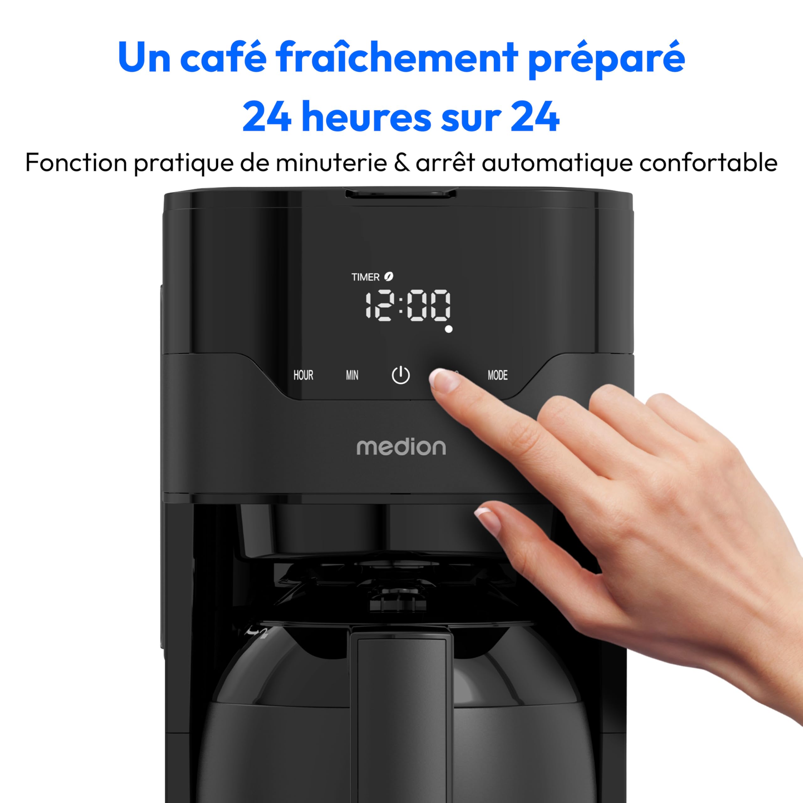 MEDION Cafetière avec verseuse isotherme et minuteur (filtre, 8 tasses, 1,2 L, 900 W, 3 niveaux, maintien au chaud, minuterie, anti-goutte, affichage, MD18458), noir mat