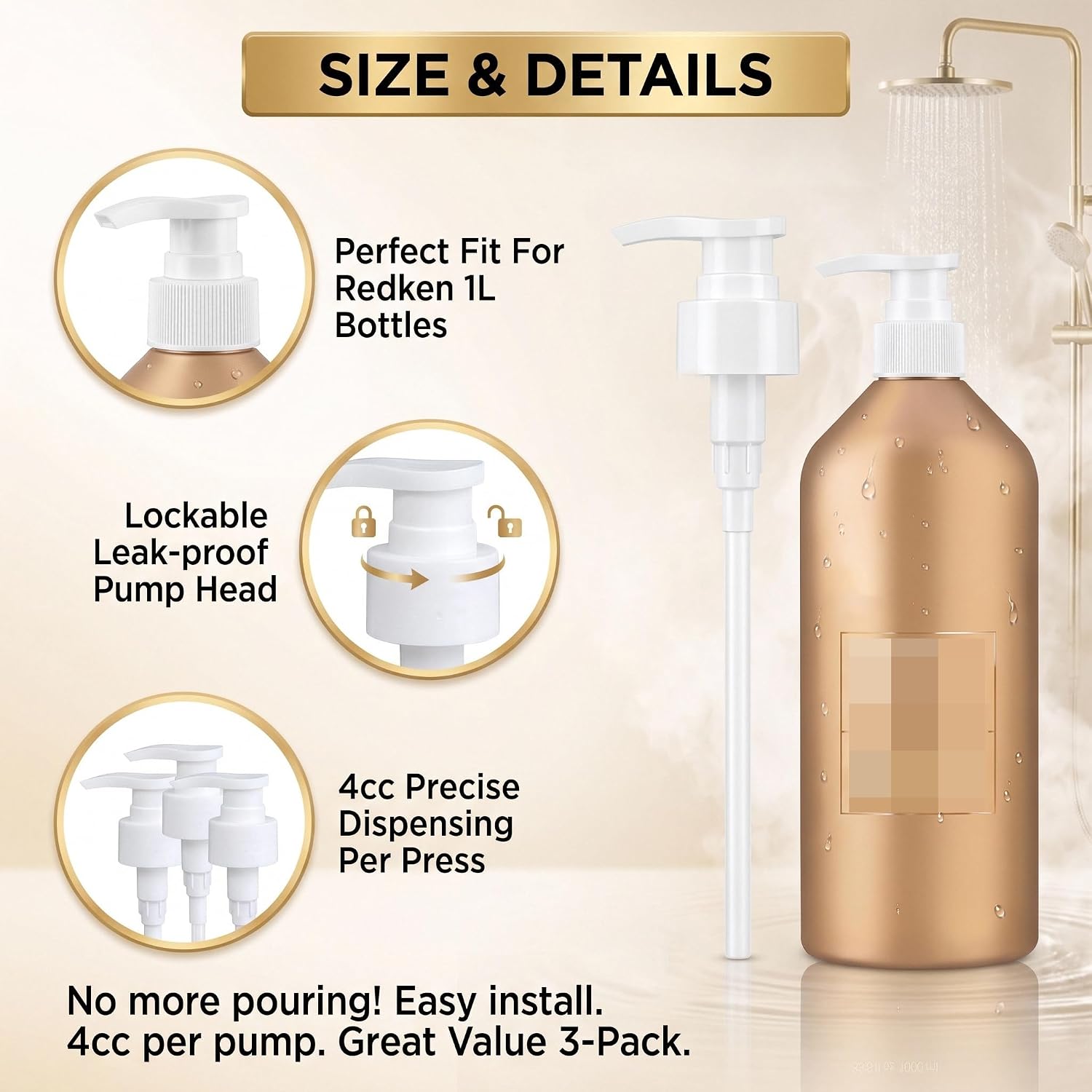 3 Pack Shampoo/Conditioner Pump Compatible with Redken 1 L/33.8 Fl Oz Bottles, Dispensing Liter Pump for Redken Shampoo and Conditioner Bottles Replacement Pumps