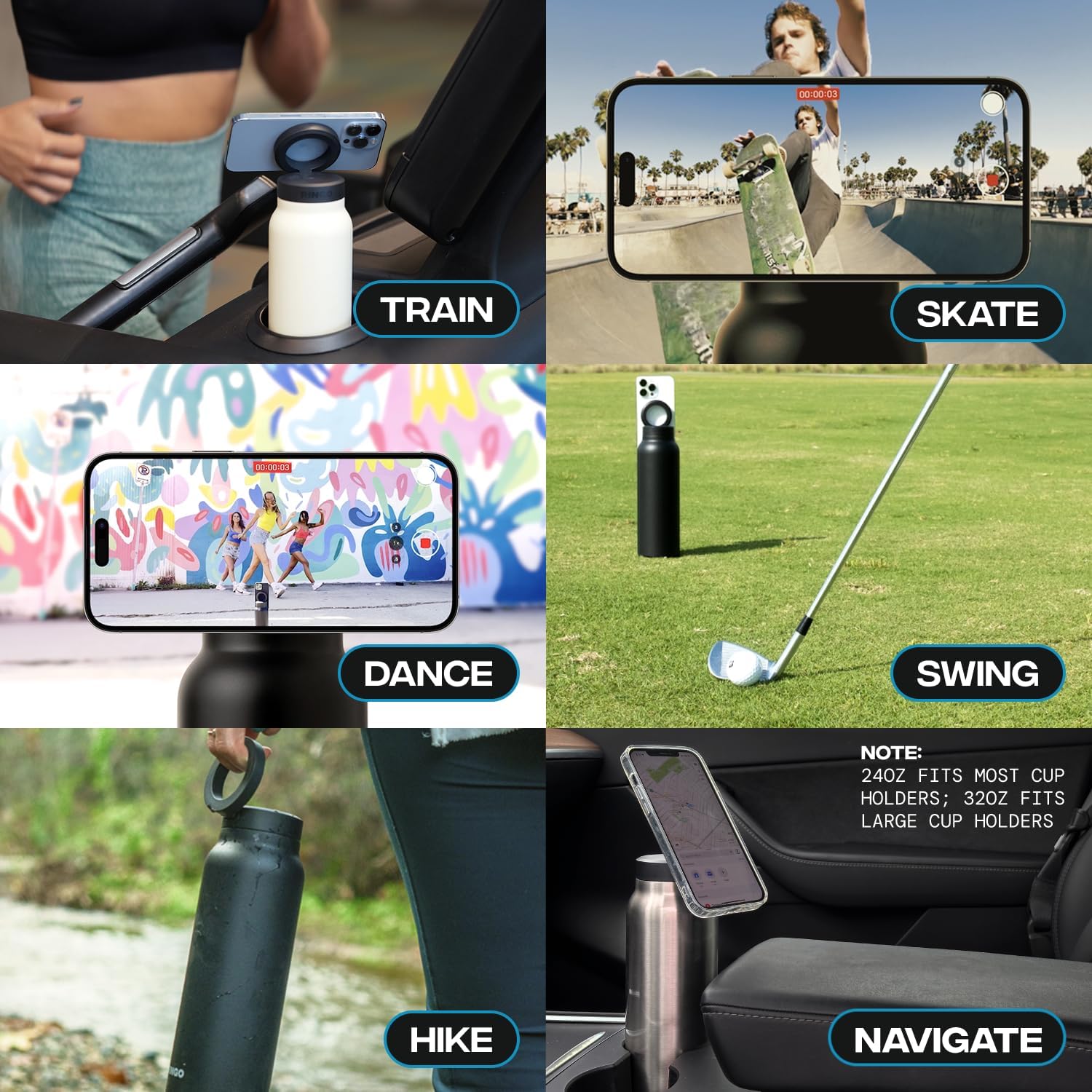 Ringo Insulated Water Bottle | Compatible MagSafe Water Bottle With Phone Holder | Stainless Steel Water Bottle With Magnetic Phone Tripod Mount | Hot for 12H, Cold for 24H, 360° Rotate - Black 32oz