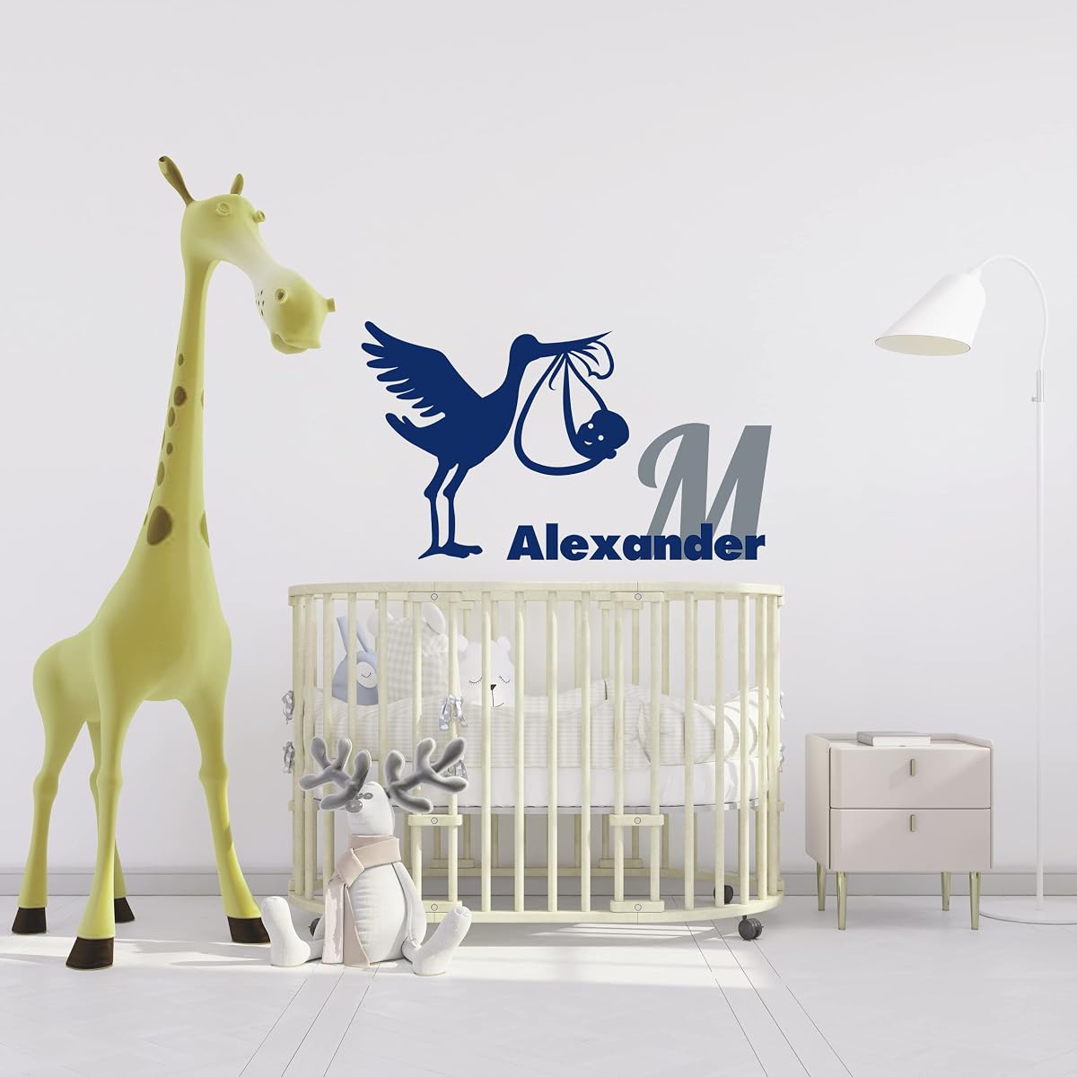 Stork with Baby Drawing Name Letter M Wall Decor - Stork Carrying Baby Painting Custom Wall Decal - Stork Name Personalized Nursery Decor with Initial