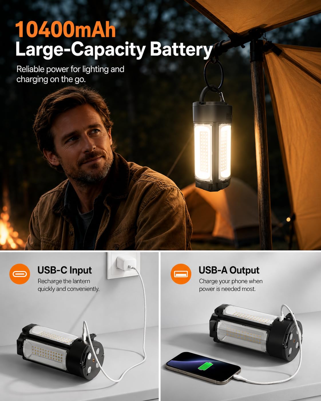 Lampes de camping rechargeables 10 400 mAh avec support, lampe de travail portable 6000 K avec 4 têtes de lampe LED, lampe de travail magnétique pour le travail en plein air, le garage, le
