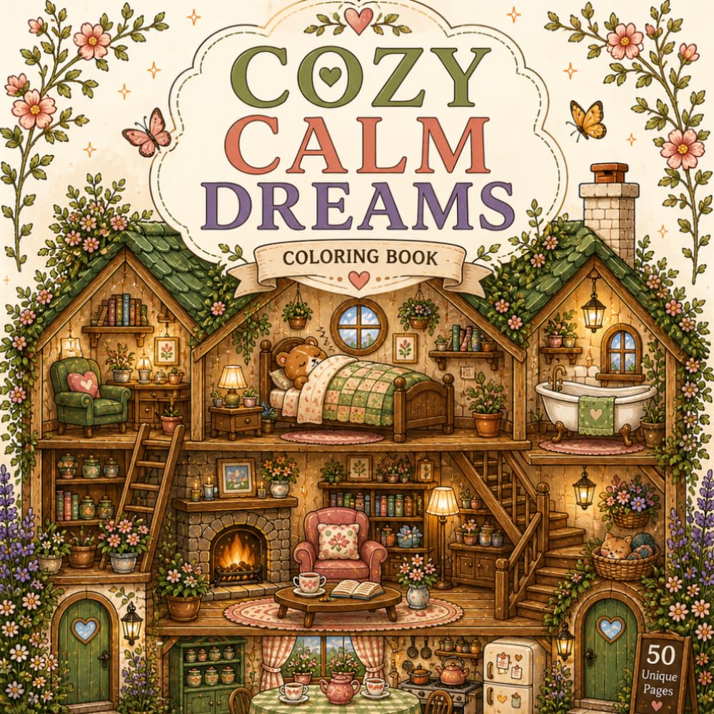 Cozy Calm Dreams Coloring Book: 50 Relaxing Cottagecore Scenes, Dollhouse Rooms and Cozy Fantasy Interiors for Adults and Teens