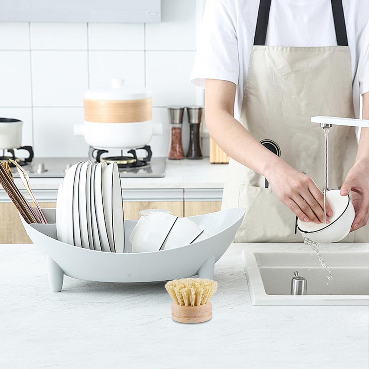 Dish Brush 6Pcs Dish Brush Replacement Head, 2x2 Sisal Dish Scrub Brush Replacement Head, Wooden Round Dish Cleaning Brush Replacement Head for Pot, Pan