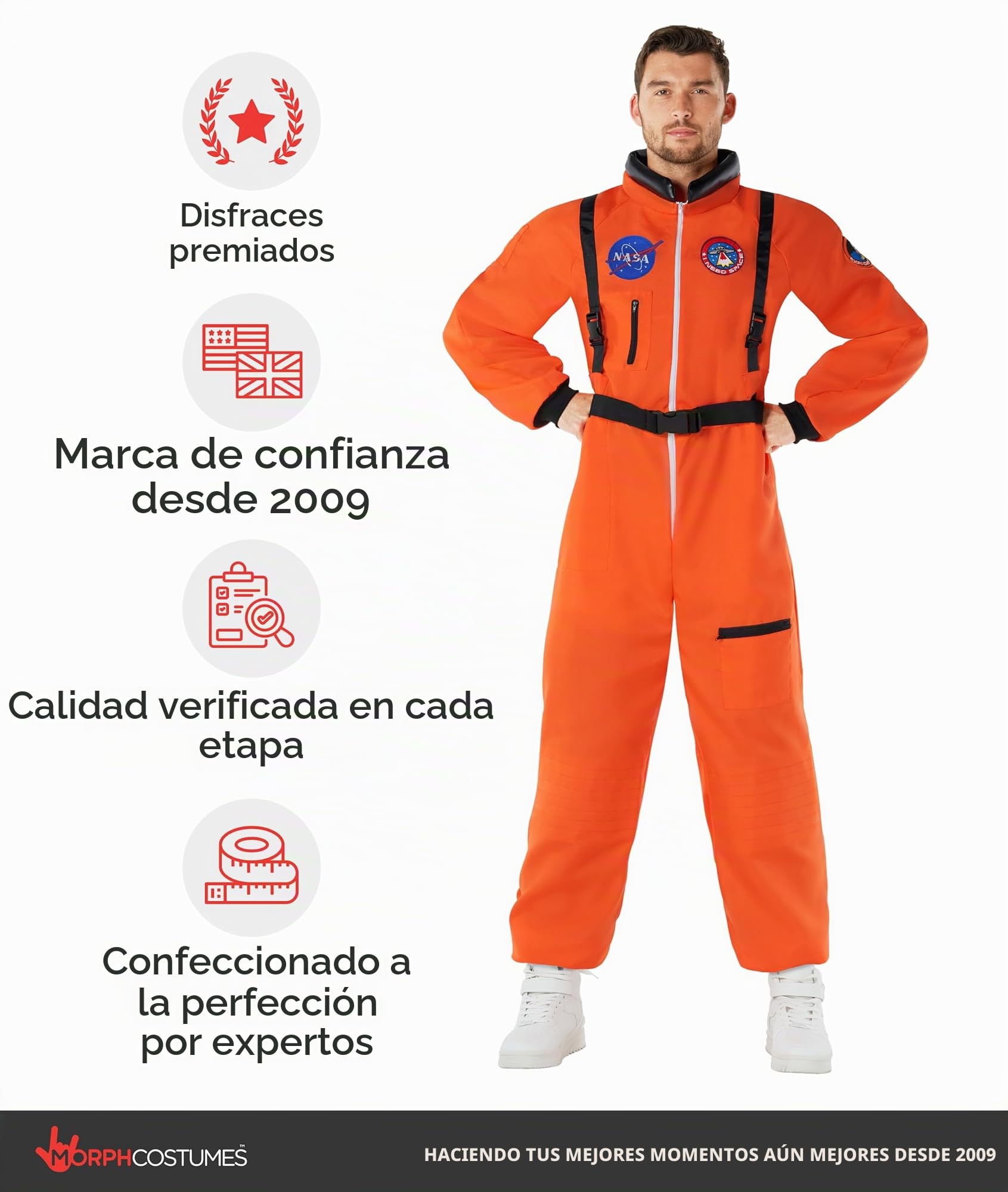 Morph Disfraz Astronauta Adulto, Mono Espacial Halloween Hombre | Mono con Tirantes, Hombreras & Parches Bordados, Estilo Espacial, Perfecto para Halloween, Ideal para Disfrazarse