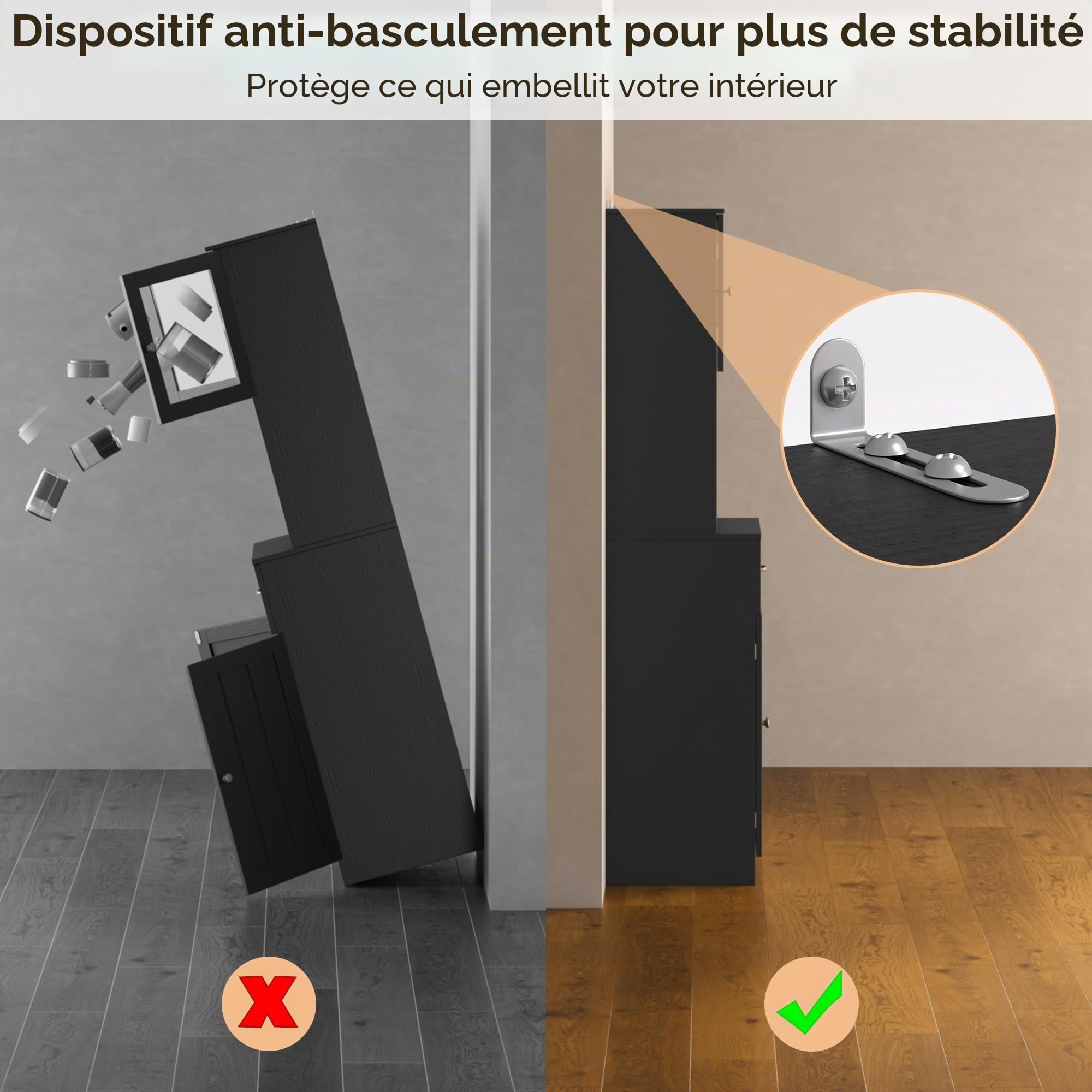 Haute Buffet,Admoire de Cuisine,Sideboard avec Portes en Verre, tiroir, Trou pour câbles et étagères réglables en Hauteur, pour Cuisine et Salle à Manger, 180x73x40 cm,Noir