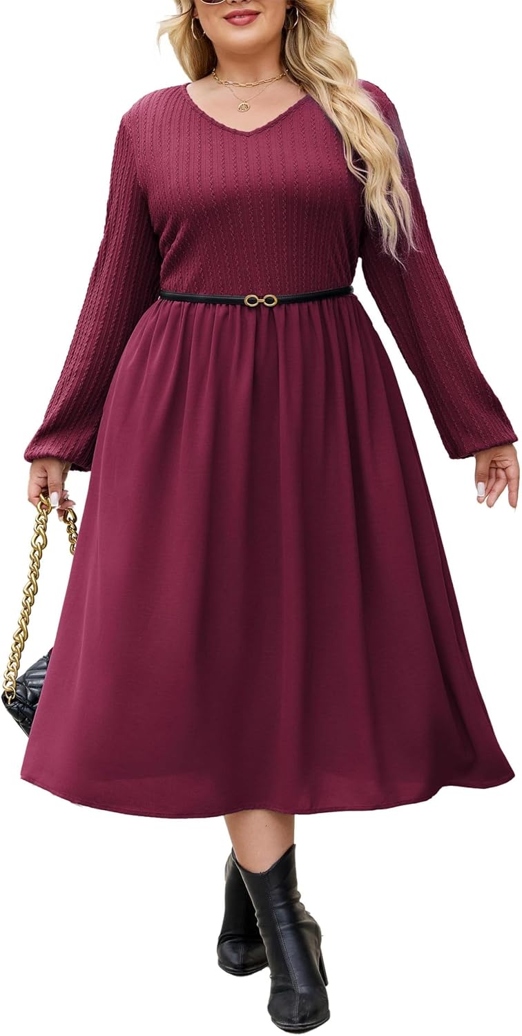 Hanna Nikole Abito Casual in Maglia da Donna Taglie Forti, a Maniche Lunghe, con Scollo a V, Midi, Tinta Unita