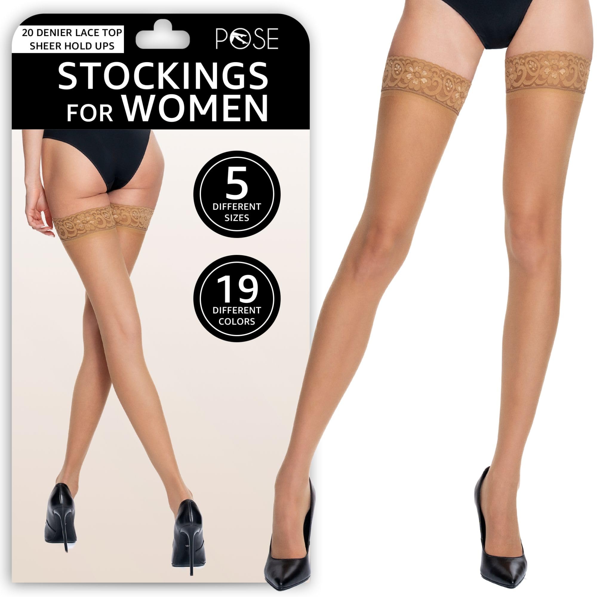 POSE 20 Denier Lace Top Sheer Hold Ups Stockings with Narrow Lace and Anti-skid Silicone, 2, beige