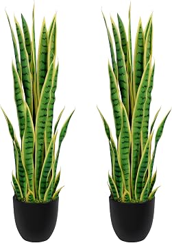 4ft Artificial Snake Plant 46in Faux Sansevieria Plants, Fake Floor Plant for Indoor Outdoor, Front Porch Patio Home Office Decor, Mother-in-Laws Tongue, Yellow 2Pcs