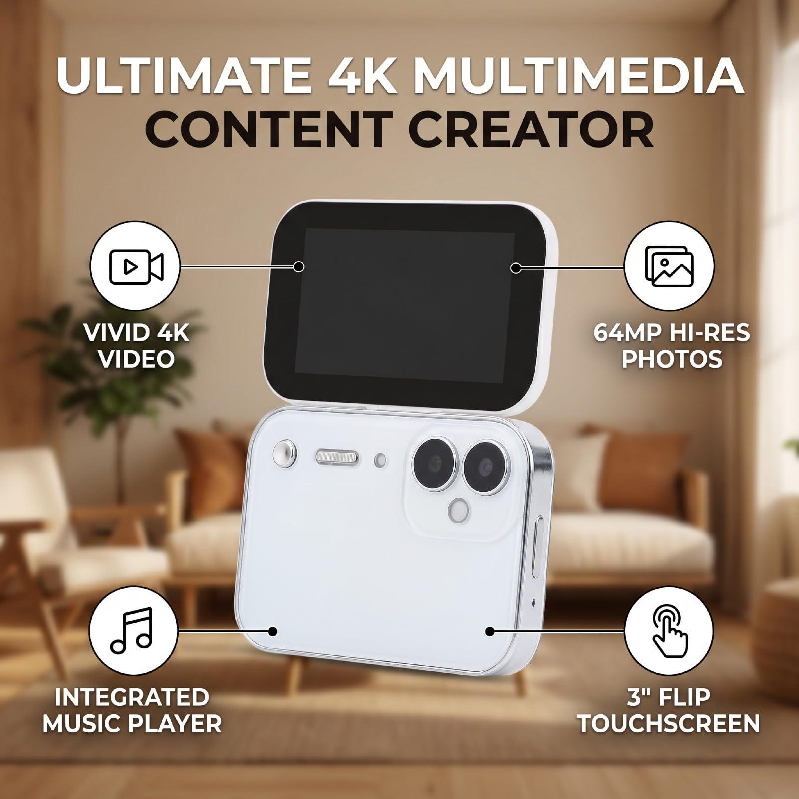 LICAEVEY 4K-Digitalmusikkamera, 64MP CCD-Kamera (White) | 3-Zoll-180-Flip-Touchscreen mit 3600-mAh-Akku, OTG-Anschluss für Selfie-Beauty-Modus und Unterhaltung