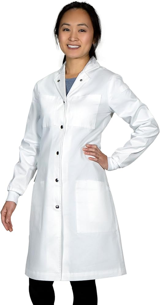 The Lab Coat Project - 100% Cotton Chemistry Women's 6-Pocket Long, Fitted with Snaps, Cuffed Sleeves, Howie Collar, & Belt