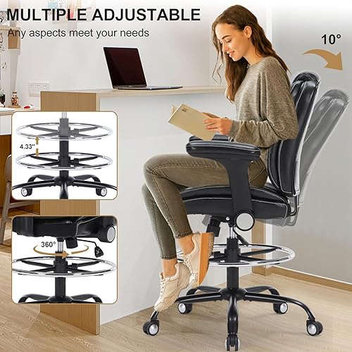 Miniatura 7 de Silla de dibujo, silla de oficina alta ergonómica con reposabrazos ajustables suaves y anillo para el pie, silla de escritorio de pie de piel