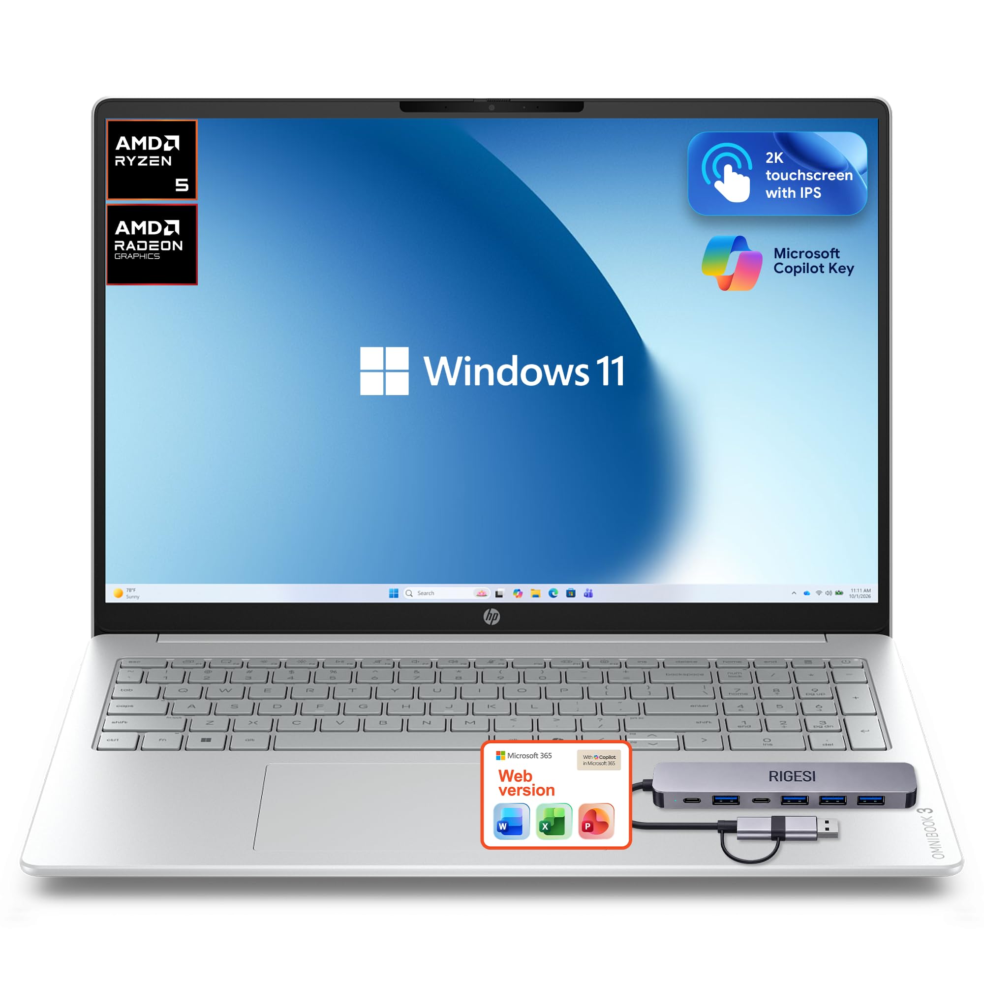 HP OmniBook 3 Flagship 16" 2K Touchscreen Laptop Bundle with Docking Station, AMD Ryzen 5 Processor, 16GB RAM, 256GB PCIe SSD, IPS Display, WiFi 6, AI Copilot, Windows 11, Glacier Silver