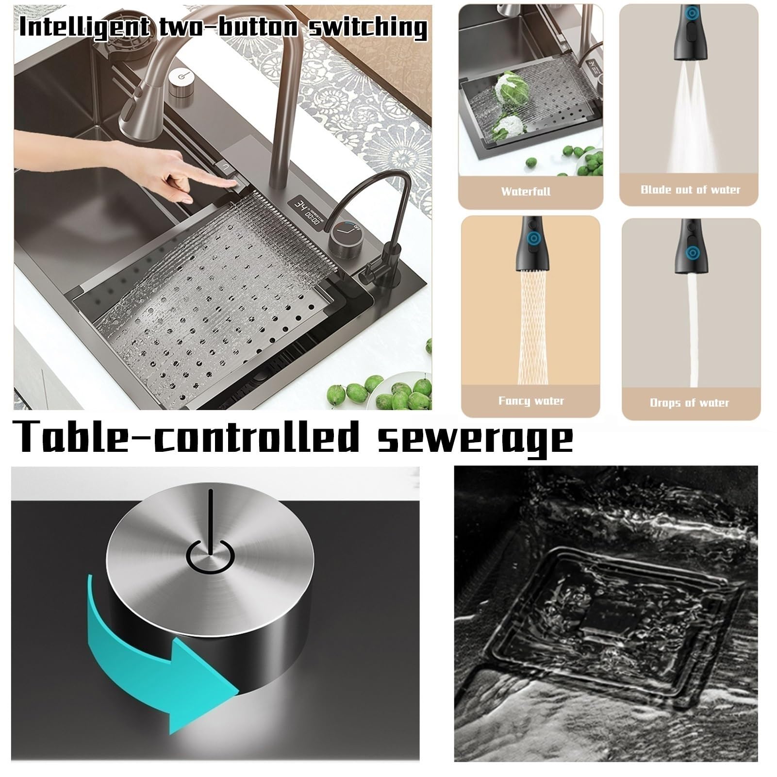 Lavello da cucina, 304 in acciaio inox fatto a mano a nido d'ape in rilievo lavastoviglie, controllo da tavolo volare cascata lavello pioggia. (Color : Black, S : 80 * 45 * 22cm)