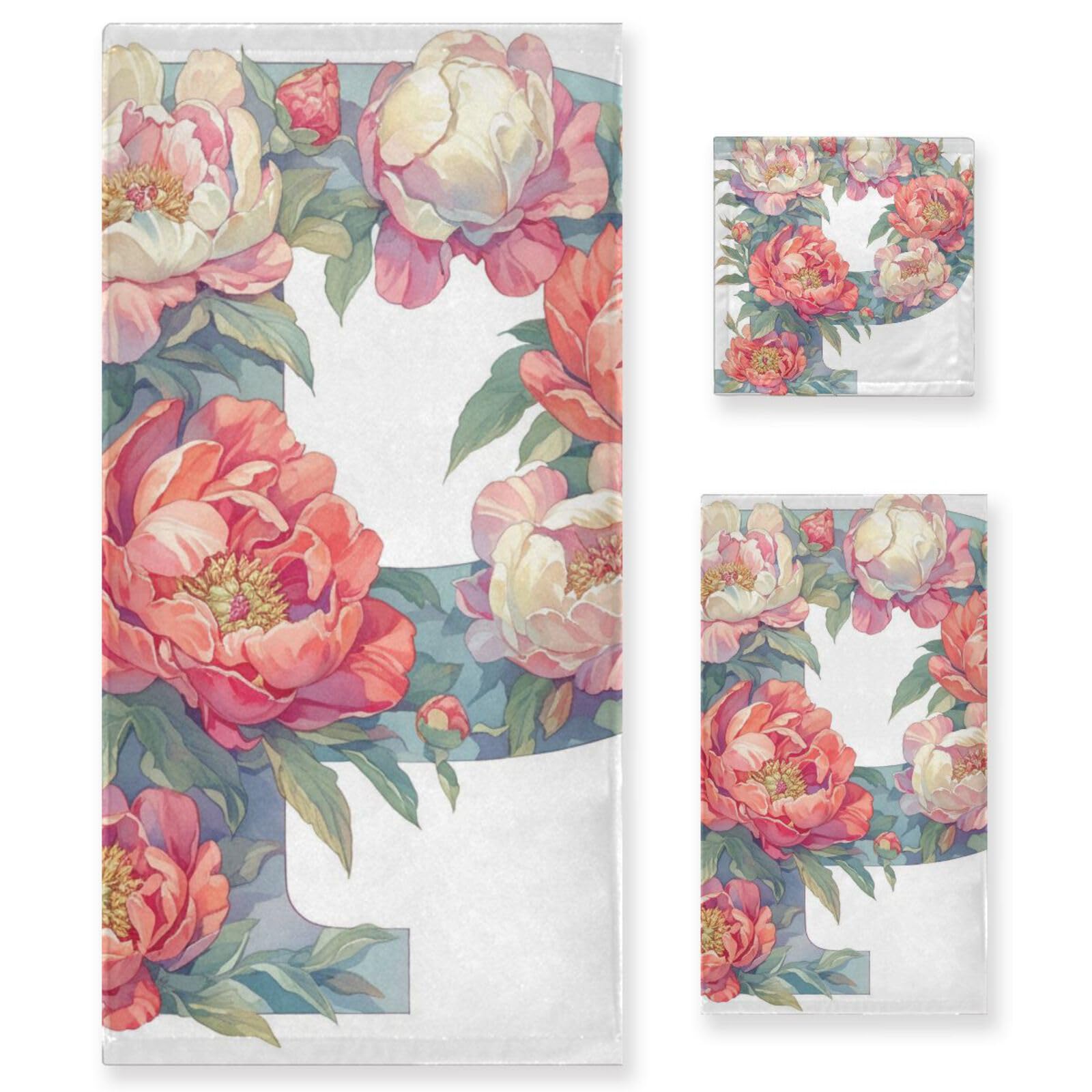 Floralmorphic - Set di 3 asciugamani per la pulizia del viso con lettera P e peonia rossa, stile acquerello, 1 asciugamano da bagno, 1 asciugamano per viso, corpo e bagno