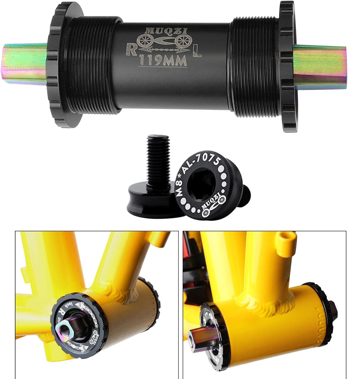 High Strength Titanium Alloy Bike Bottom Bracket Set with Square Hole Screws - Super Moist & Corrosion , Easy Installation - for Road, Mountain, Folding Bikes - Square Tapered - 119mm Black