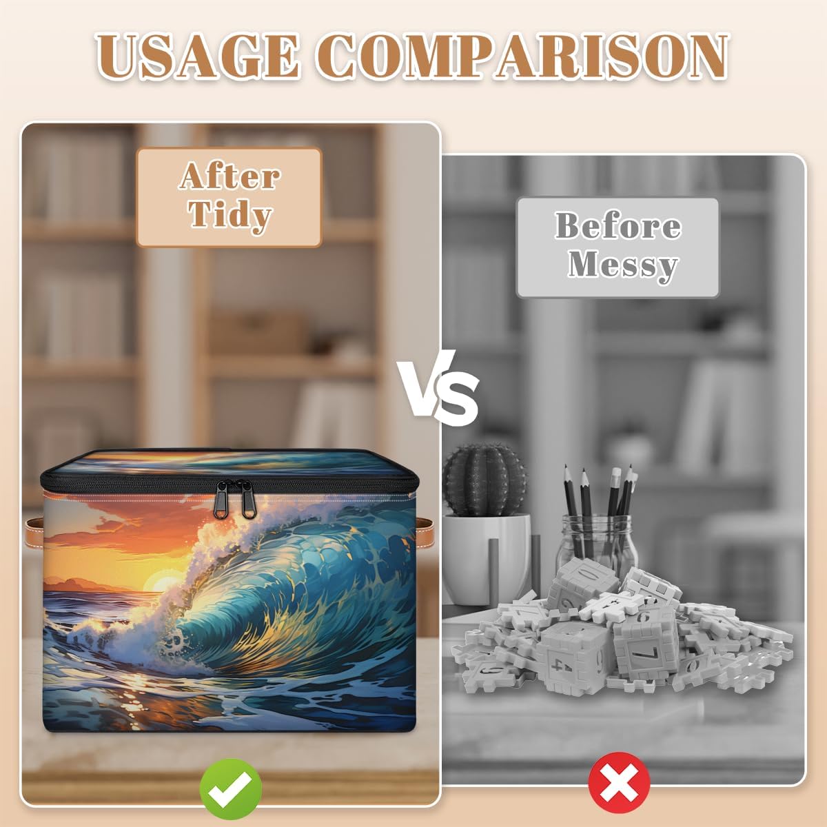 Storage Bin Set of 2 Seawater Sunset Storage Basket with Zipper Lid & Handle Foldable Closet Shelf 2 Pack Cloth Organizer Basket Cube Bins Clothes Organizer for Nursery, Bedroom