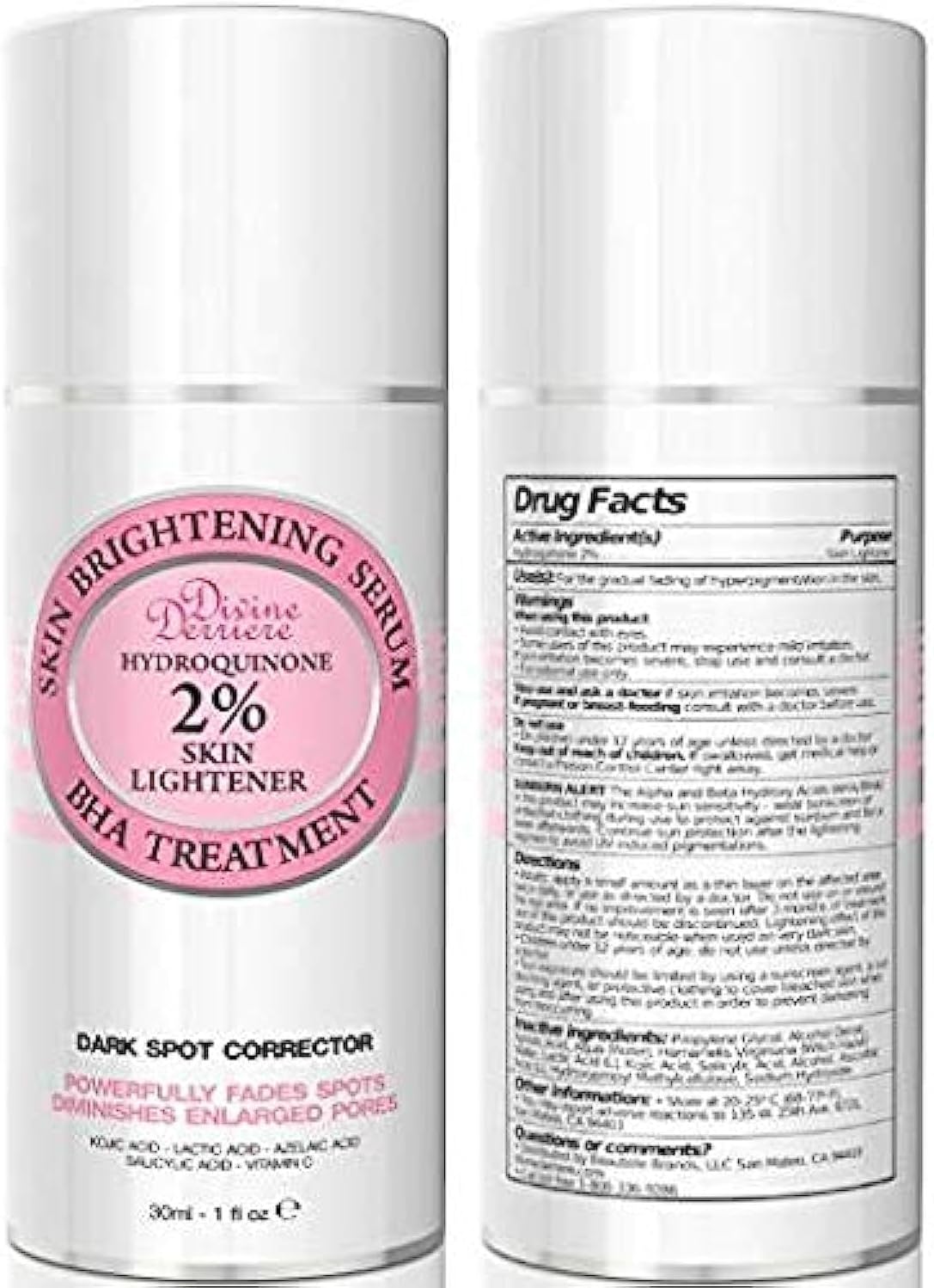 Divine Derriere Skin Lightening 2% Dark Spot Corrector For Face & Melasma Treatment Fade cream - Contains Vitamin C, Salicylic Acid, Kojic Acid, Azelaic Acid and Lactic Acid 1.0 oz / 30ml
