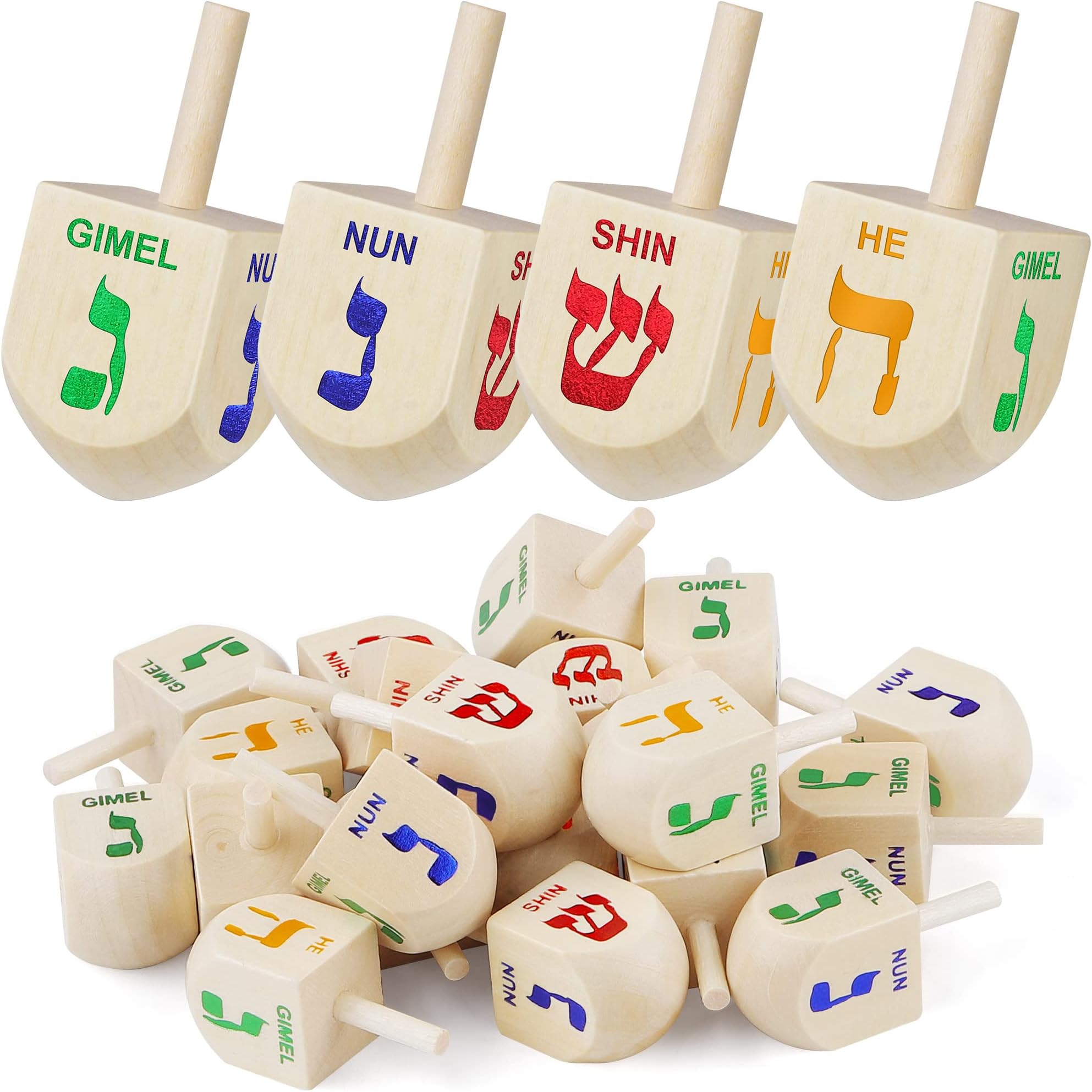Fovths 24 Pieces Hanukkah Spinning Top Wood Spinning Top with Hebrew Letters Medium Sized Bulk Pack Unfinished Wood Spinning Top for Hanukkah Party DIY Projects Crafts
