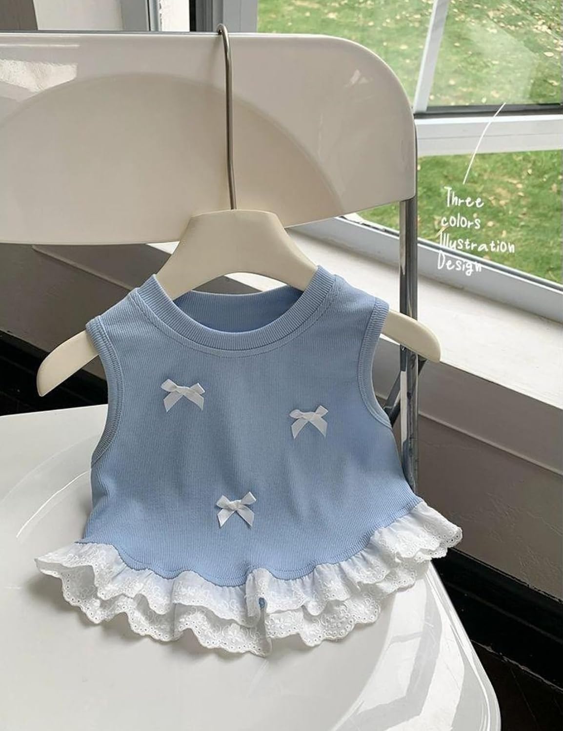 Lace Floral Trim Blue Vest White Hem Tank Top with Bows | Sleeveless Cute Top for Party, Dance, School & Summer Daily Wear