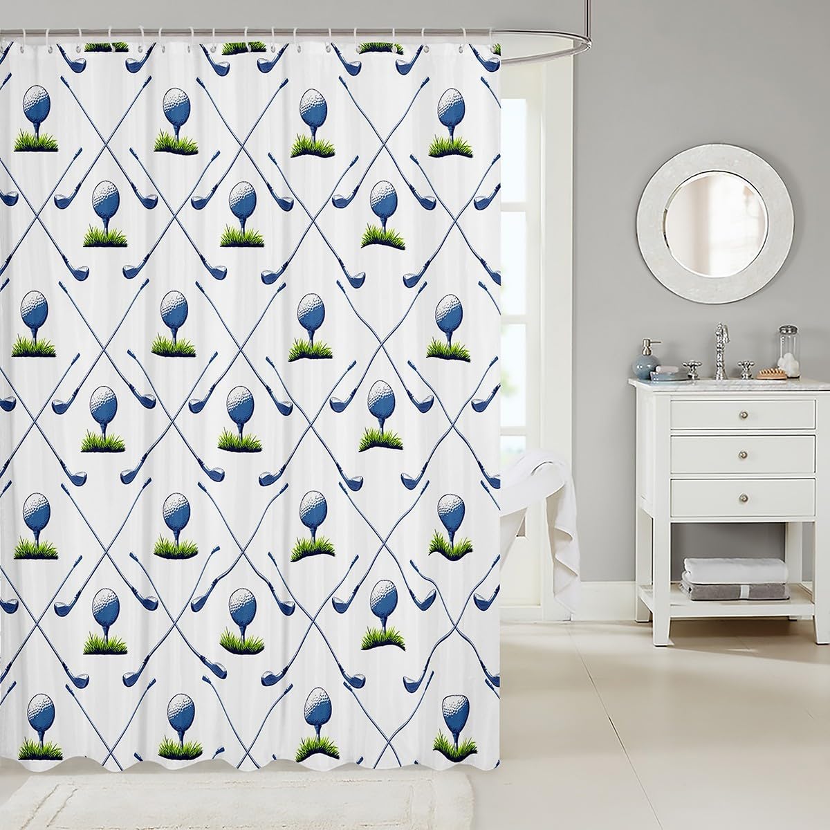 Castle Fairy Golf Sports Shower Curtain,Ball Games Golf Club Print Bath Curtain for Bathroom,Green Plant Sports Competitions Curtain Waterproof Fabric with Hooks Machine Washable, 72Wx84L inch