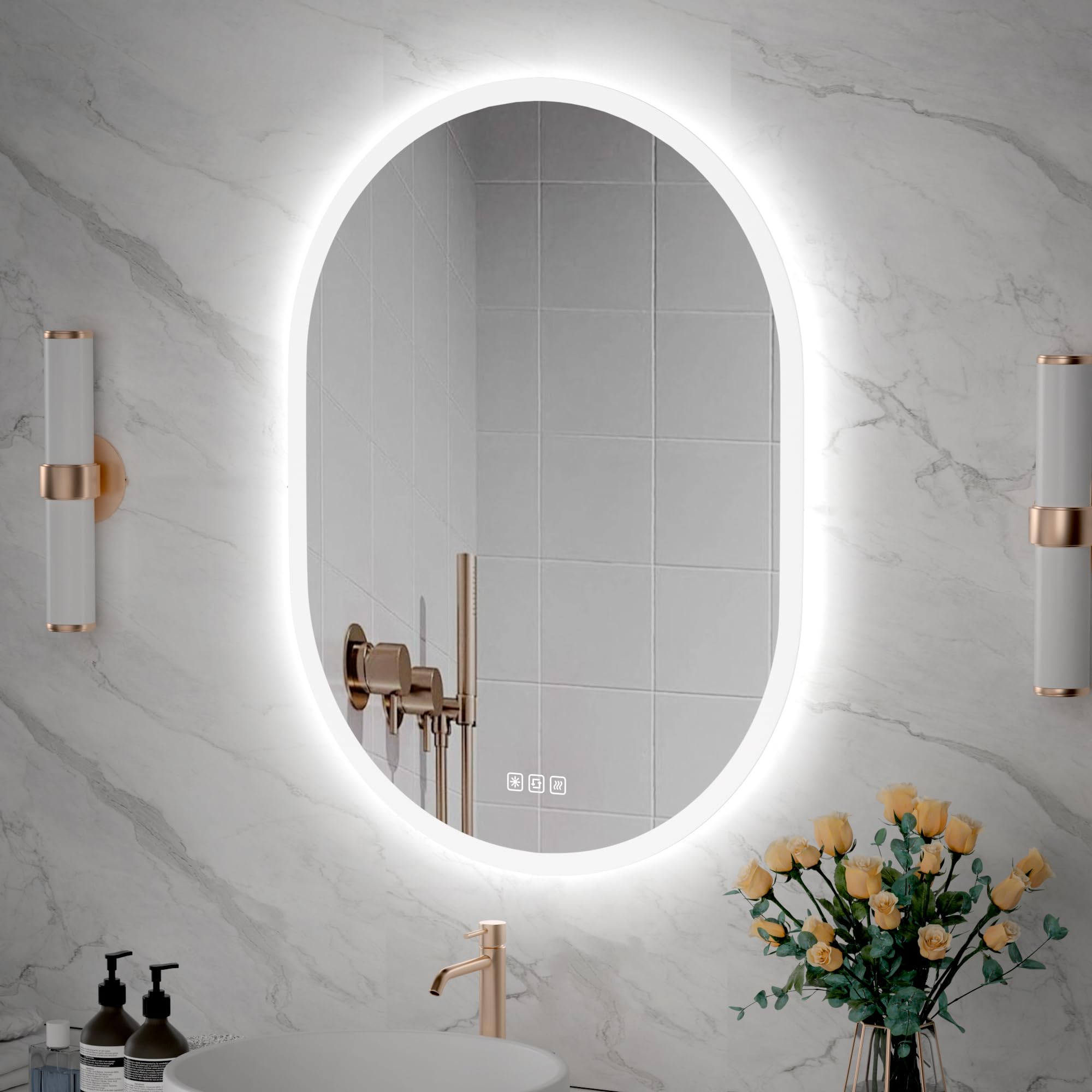 furduzz Espejo de baño con luces LED, 60 x 80 cm, espejo de baño ovalado, espejo de pared con interruptor táctil, 3 colores regulables, horizontal/vertical