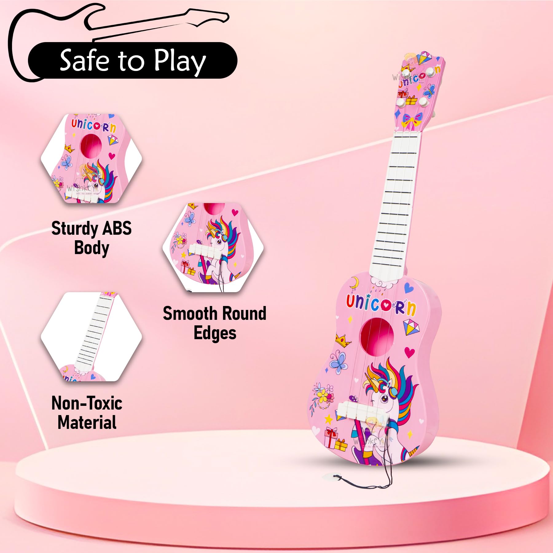 WISHKEY Unicorn Theme Guitar 4 Strings Acoustic Music Toys for Kids, Educational Toy Guitar for Beginners, Musical Instrument, Learning Musical Toy, Sound Toys, Pink, 6+Years, 22" (Pack of 1) - Image 8 thumbnail