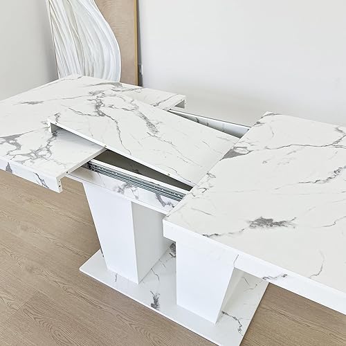 Miniatura 4 de Juego de 7 mesas de comedor extensibles de mármol sintético para 6, mesa de comedor extensible blanca de 78.74 pulgadas, juego de 6 sillas de