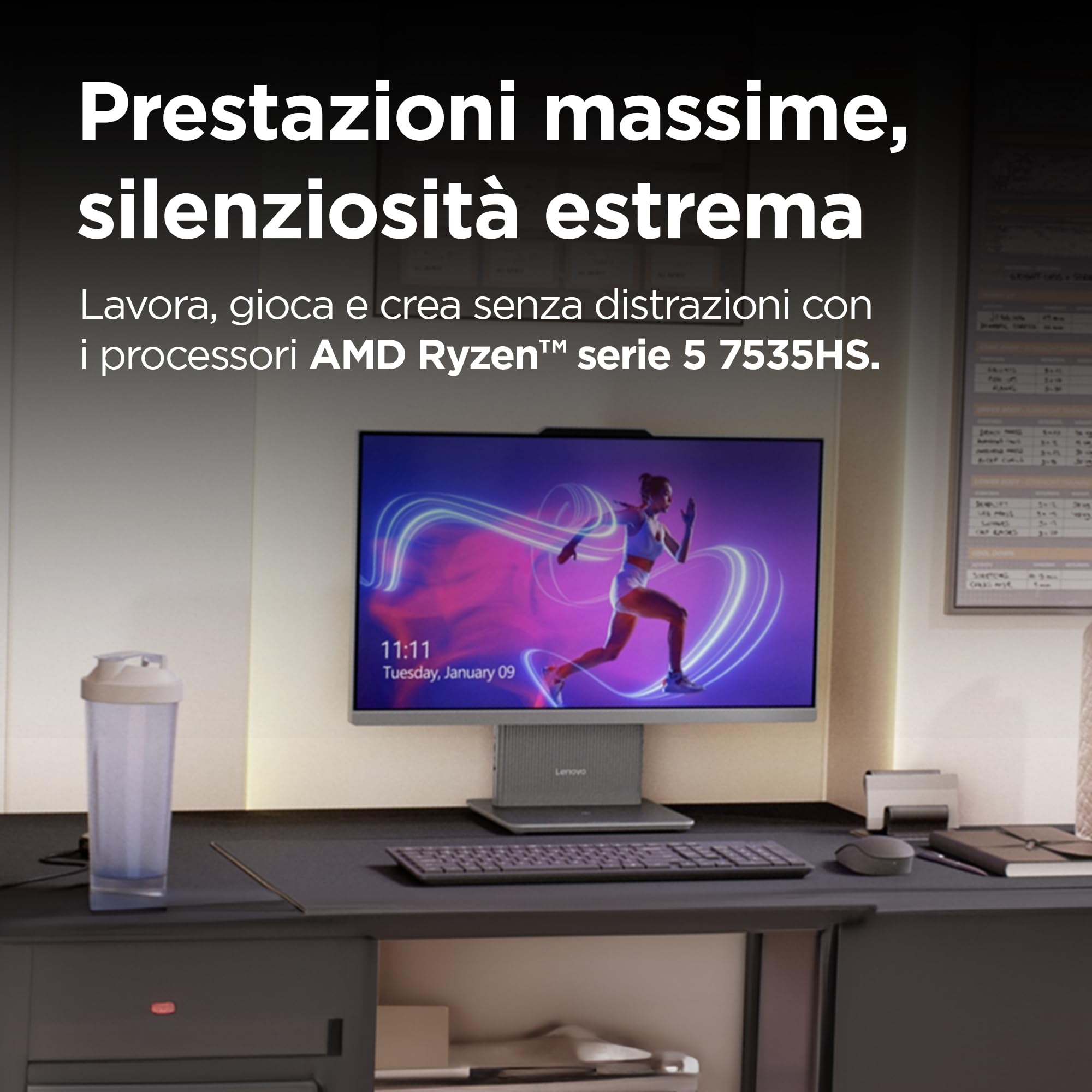 Lenovo IdeaCentre Computer desktop All-In-One, Display 27" FHD, AMD Ryzen 5 7535HS, 512GB SSD, RAM 16GB, Base di ricarica smartphone wireless, Speakers, WiFi 6, Windows 11 H, Tastiera + Mouse Wireless
