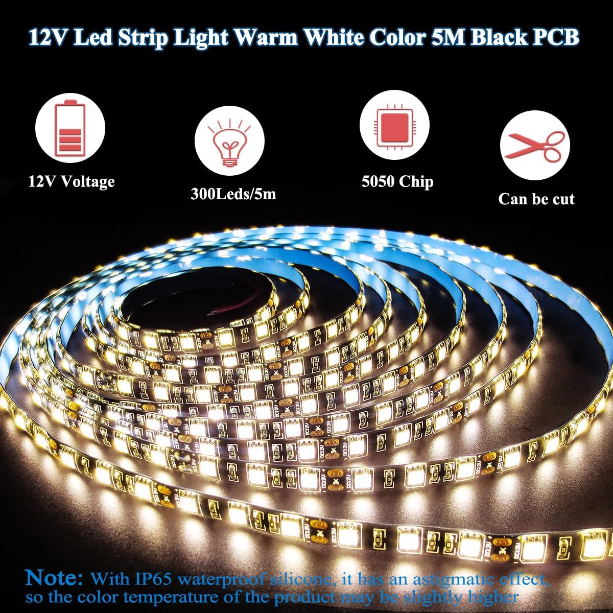 Graphic illustrating key features: 12V Voltage, 300 LEDs per 5m, 5050 Chip, and Cuttable capability.