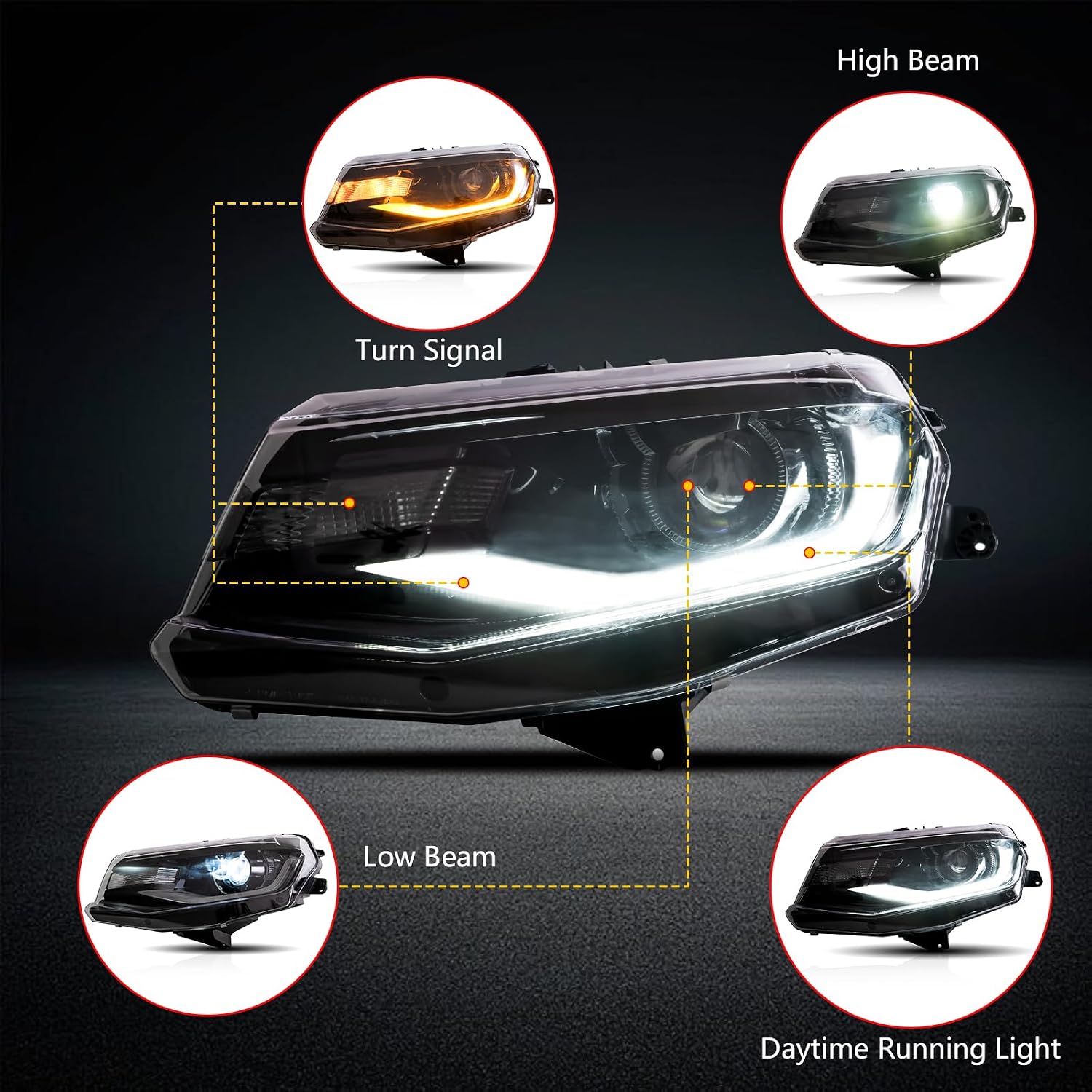 FREEMOTOR802 Compatible With 2016-2018 Chevrolet Camaro Projector Headlights, LED DRL Daytime Running Lights Left Right Side Sequential Turn Signal Lamps Dual Beam Lens