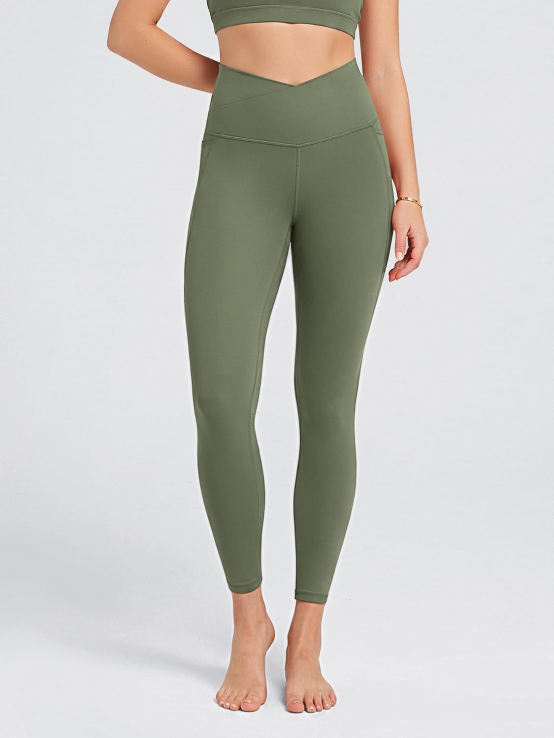 ODODOS Women's Crossover Leggings with Stay-Put Pocket, 25" / 28" Buttery Soft V High Waist Lounge Yoga Pants