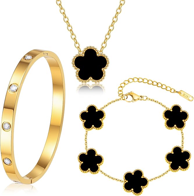 Gold Bracelets Necklace Jewelry Set - 3Pcs 18K Gold Plated Floral Bracelet,Stainless Steel Bangles, Waterproof Non-Tarnish Necklaces Daily Fashion Minimalist Jewelry,Valentines Birthday Gift for Women