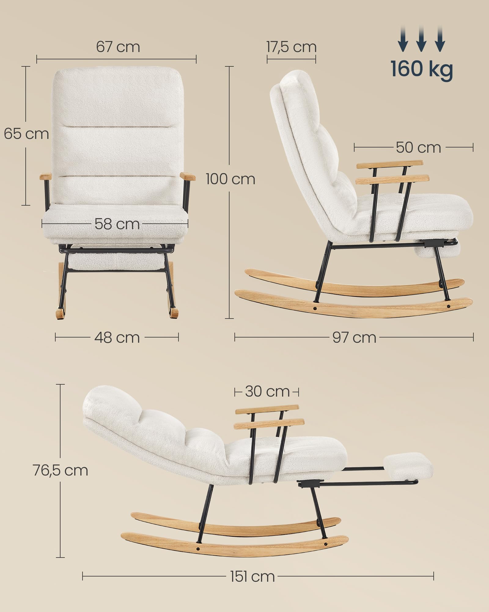 SONGMICS HOME Fauteuil à Bascule, Pieds en Bois d'Hévéa, Tissu Peluche, Chaise à Bascule, Dossier Réglable sur 4 Positions, Supporte jusqu'à 160 kg, pour Chambre, Salon, Blanc Crème LYY016W01