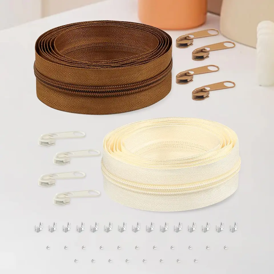 4,3 metros #5 zíperes de costura fitas de zíper bobina com 8 controles deslizantes e 12 extremidades de zíper para artesanato de costura de alfaiate DIY (marrom e bege)