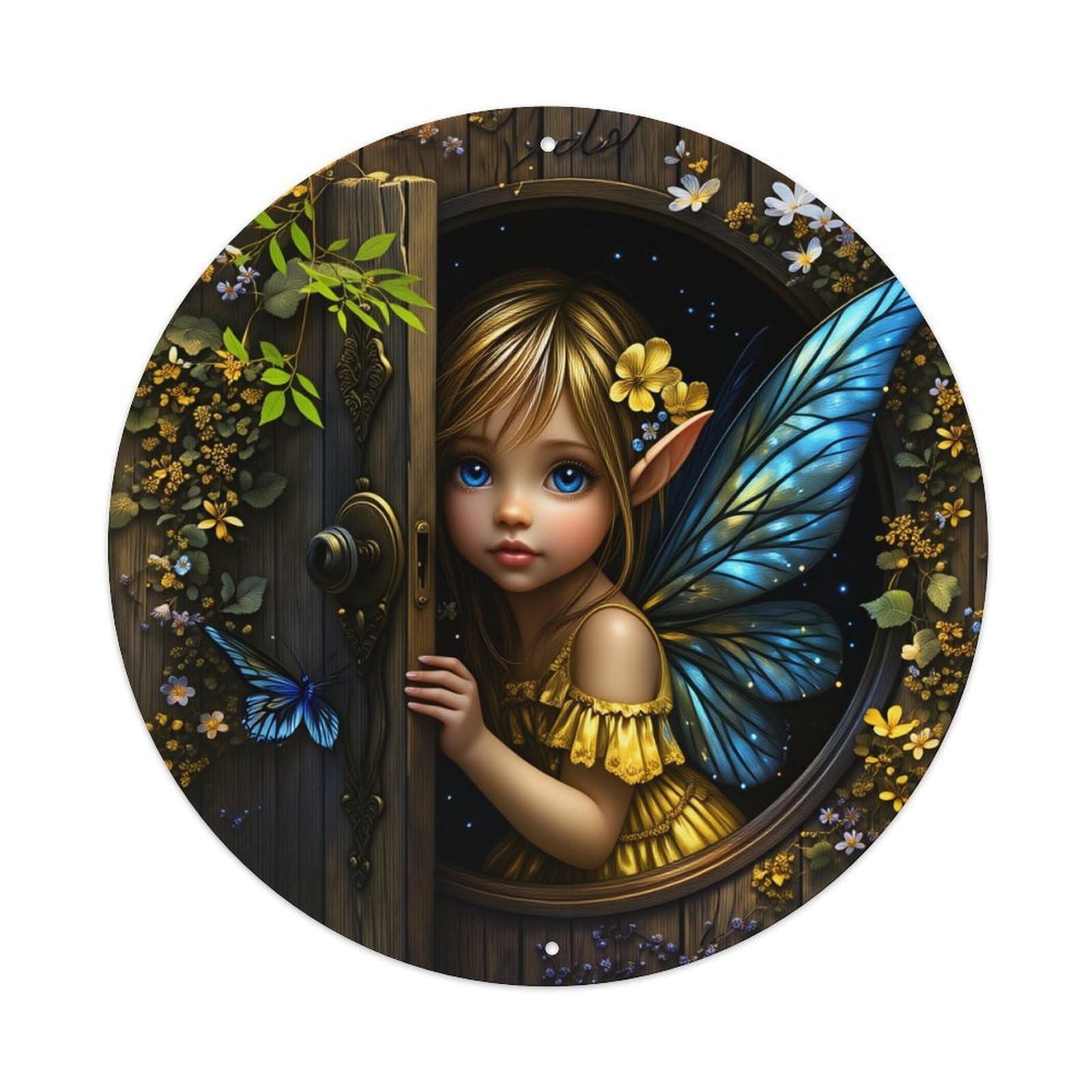 Fairy Door Floral Wings Butterfly Round Tin Sign Vintage Metal Poster, Home Bar Garage Man Cave Cafe Indoor & Outdoor Wall Decoration 8x8Inches