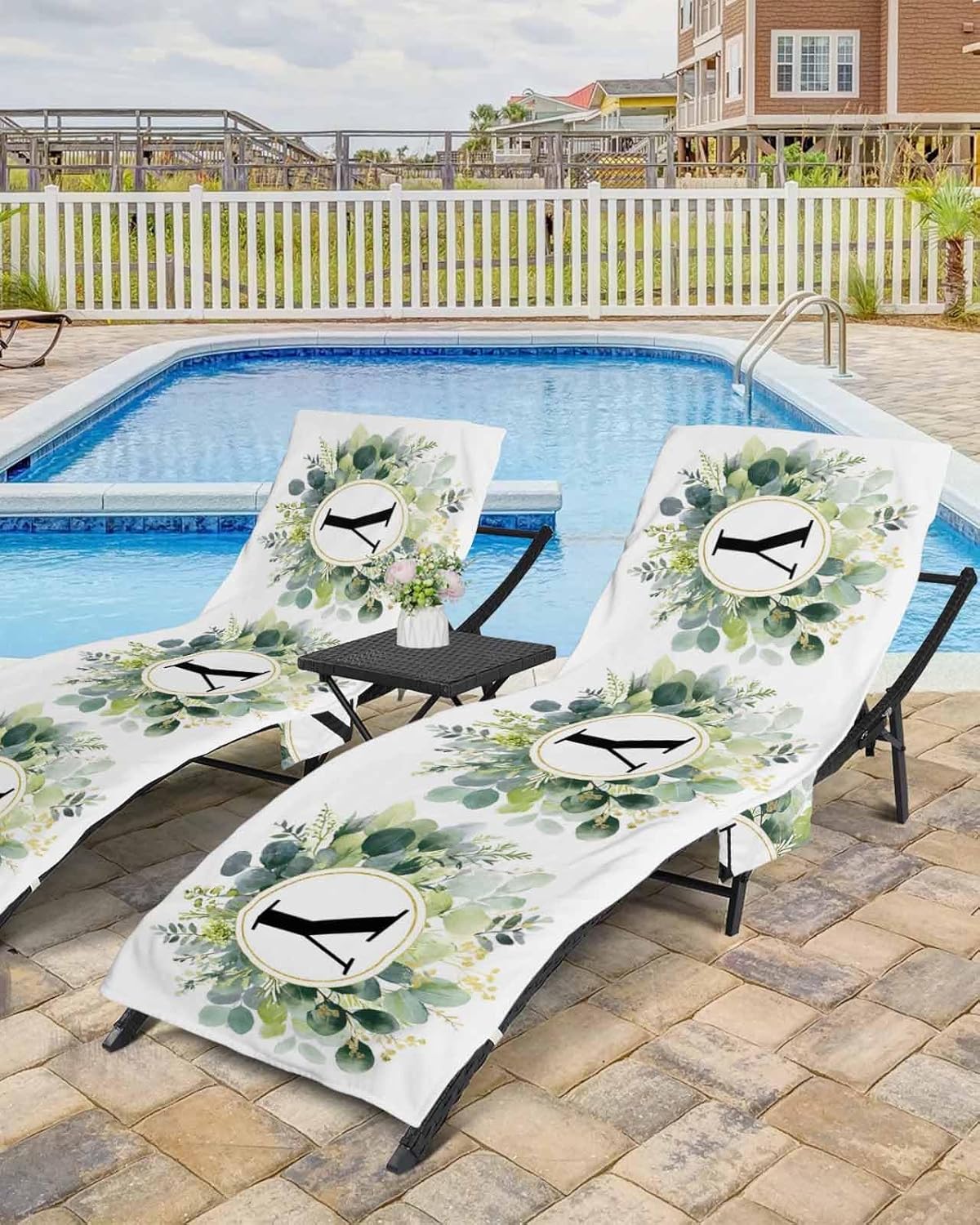 Chic Letter Y Beach Pool Patio Lounge Chaise Chair Cover Towel With Pockets,Absorbent & Quick Dry Microfiber Towel Cover Bag Summer Accessories for Sunbathing Eucalyptus Herb Aesthetic Floral Plant