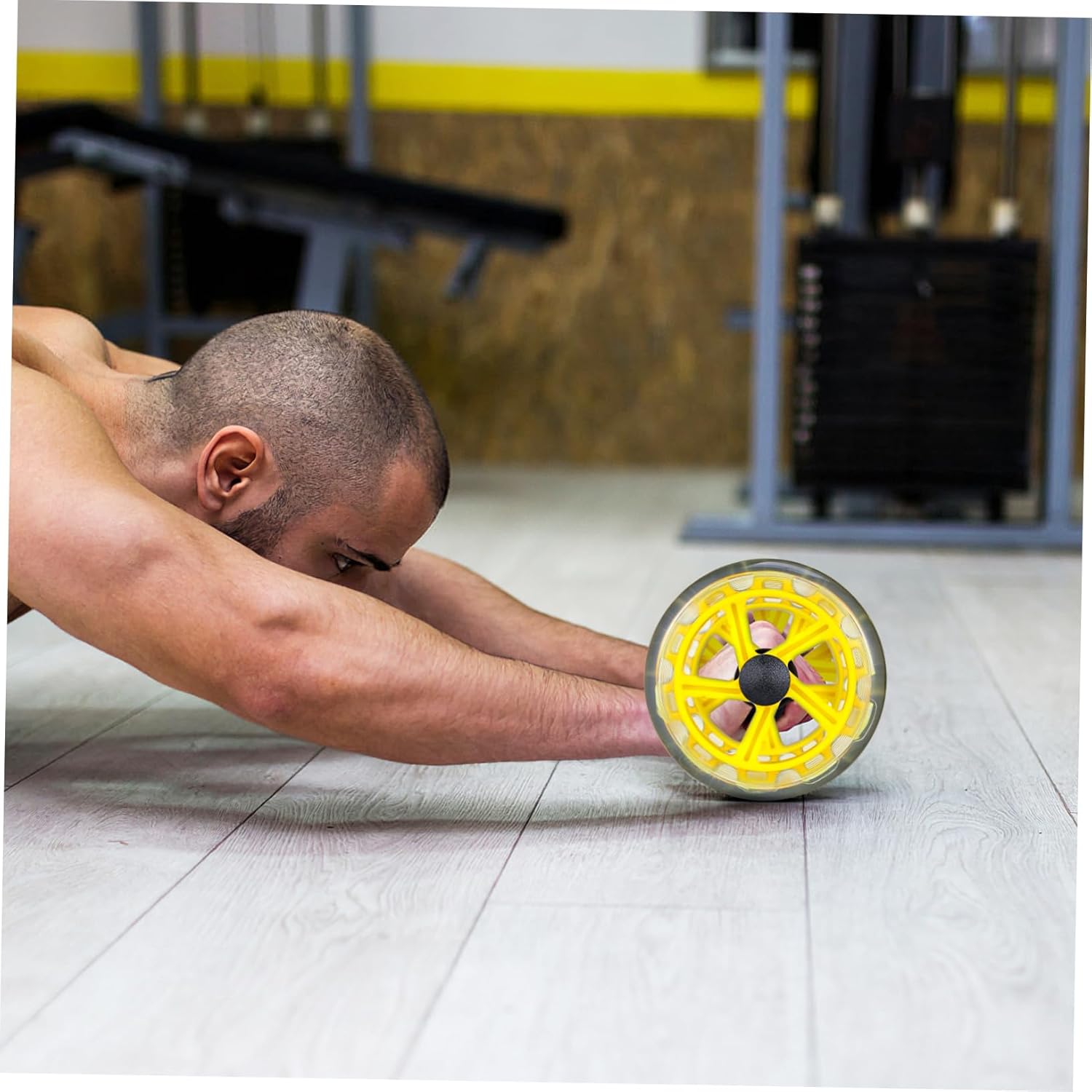 Wakauto Yellow Fitness Roller for Core Strengthening and Tummy Shaping Dual Wheel Stability with Non Slip Handles Portable Exercise Device for Men and Women