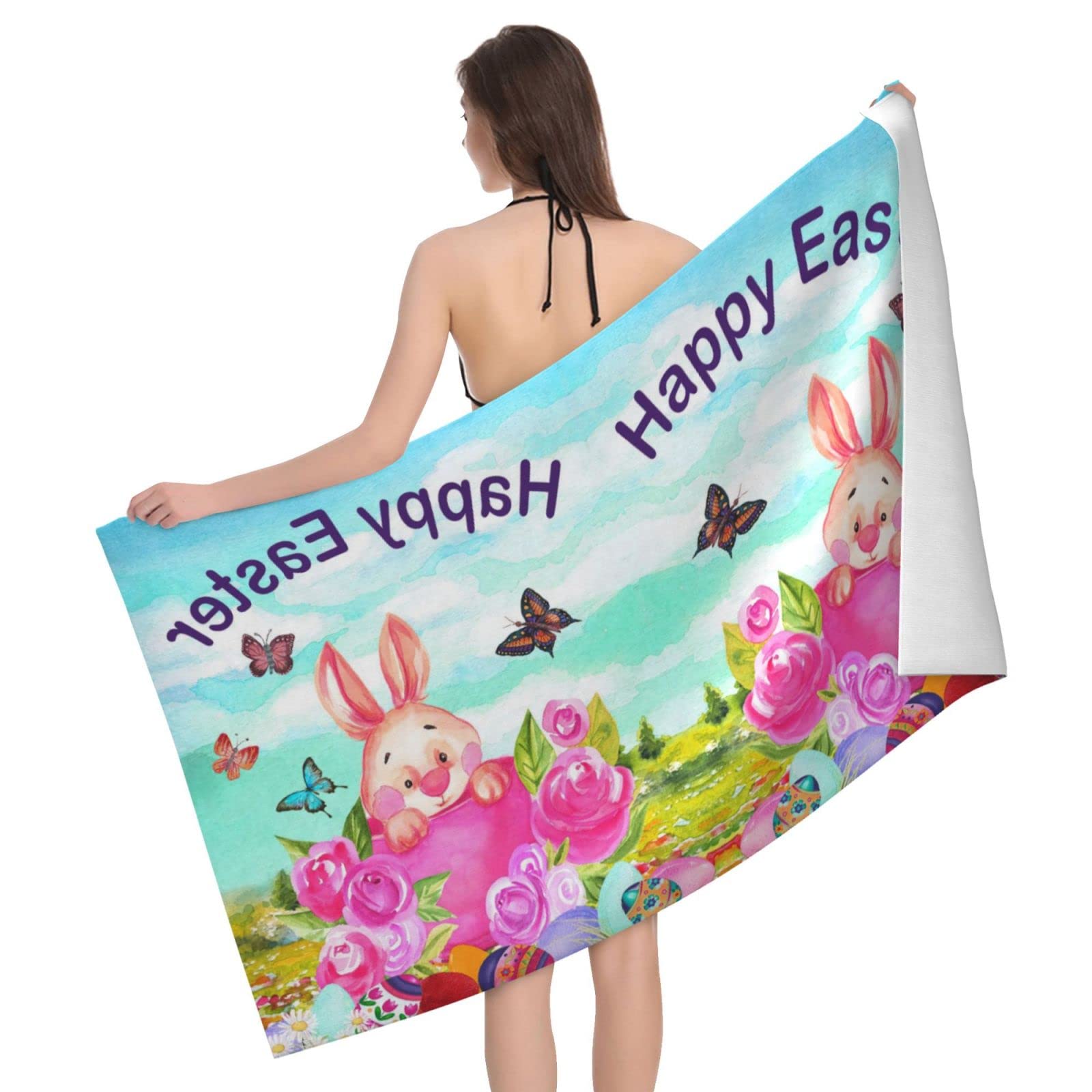 Lawenp Easter Cute Bunny and Flowers Bath Towel Beach Towel Popular Durable Stylishffy Touch Highly Absorbent Quick Dry Polyester 32" X 52" Also As A Gift