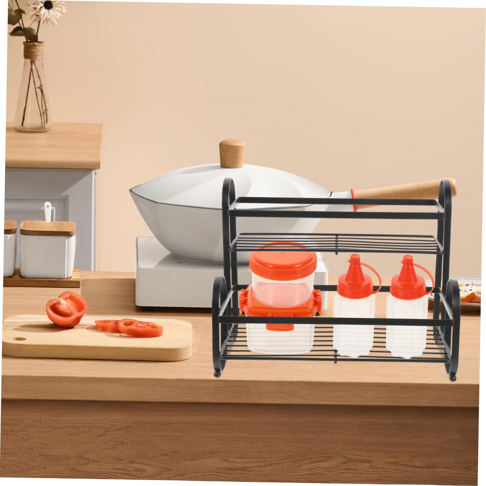 Organizer da Cucina in Ferro Nero a Doppio Strato, Scaffale per Spezie Salvaspazio, Porta Spezie Robusto Saldatura Sicura, per Ripiano Cucina