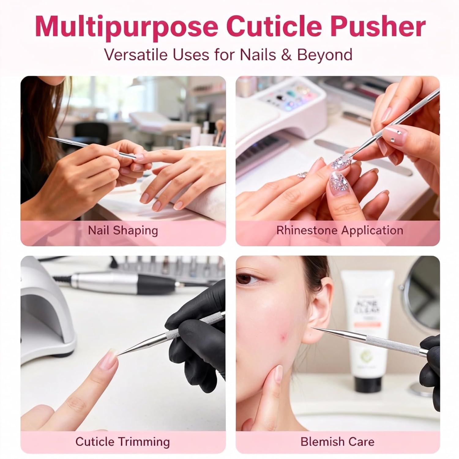 4 Pcs Nail Cleaning Cuticle Stick Set: 2 Short & 2 Long Dual-Ended Stainless Steel Cuticle Pusher Remover Tools, Gentle Dead Skin Remover & Nail Cleaner Tool for Manicure Pedicure Nail Art Care