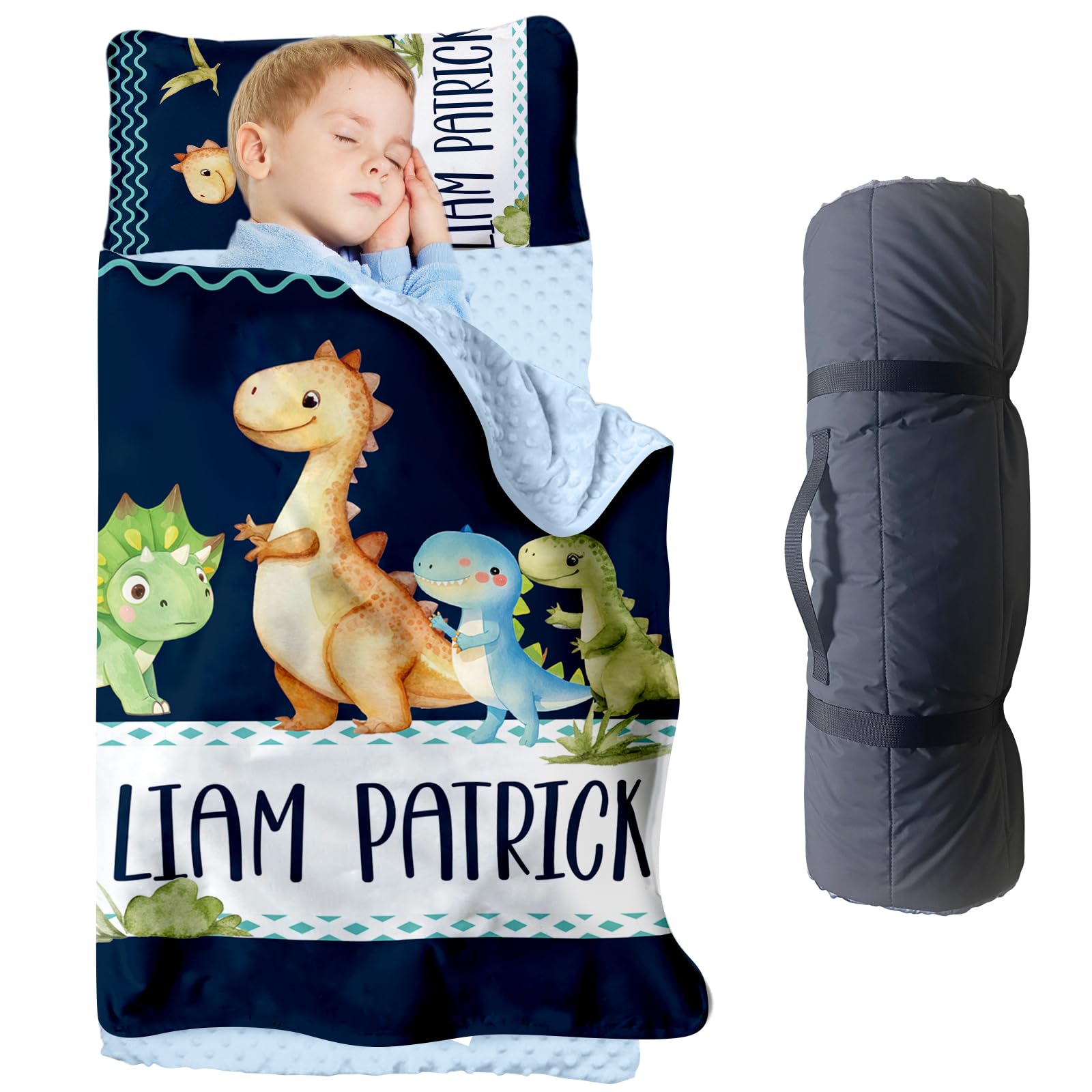 Personalized Toddler Nap Mats for Preschool, Custom Name Kids Sleeping Bag for Daycare, Roll Up Sleeping Mat with Removable Pillow and Soft Dot Minky