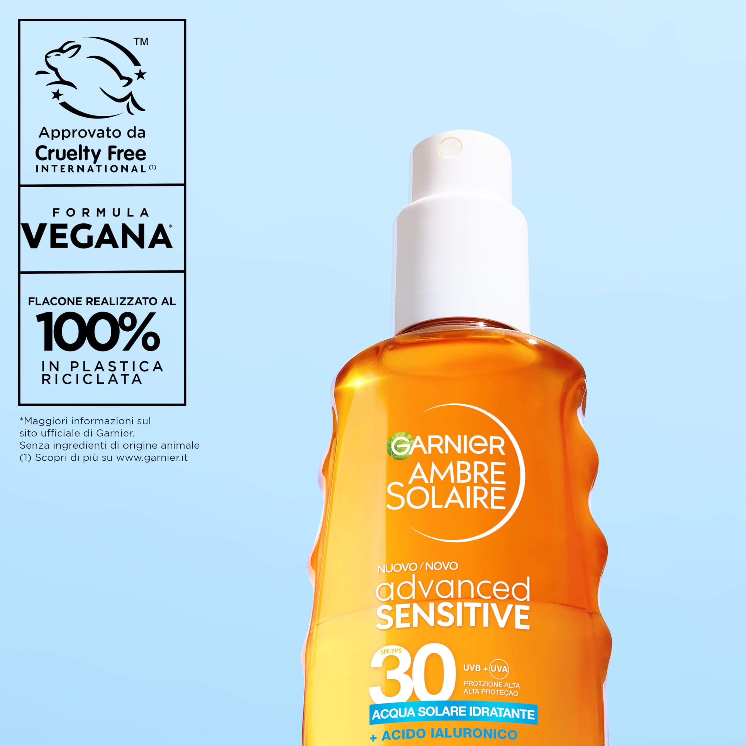 Garnier Acqua Solare Idratante SPF 30, Per Tutti i Tipi di Pelle, Idratazione e Protezione dagli UV, Resistente ad Acqua, Sudore e Sabbia, Finish Invisibile, Ambre Solaire Advanced Sensitive, 150 ml