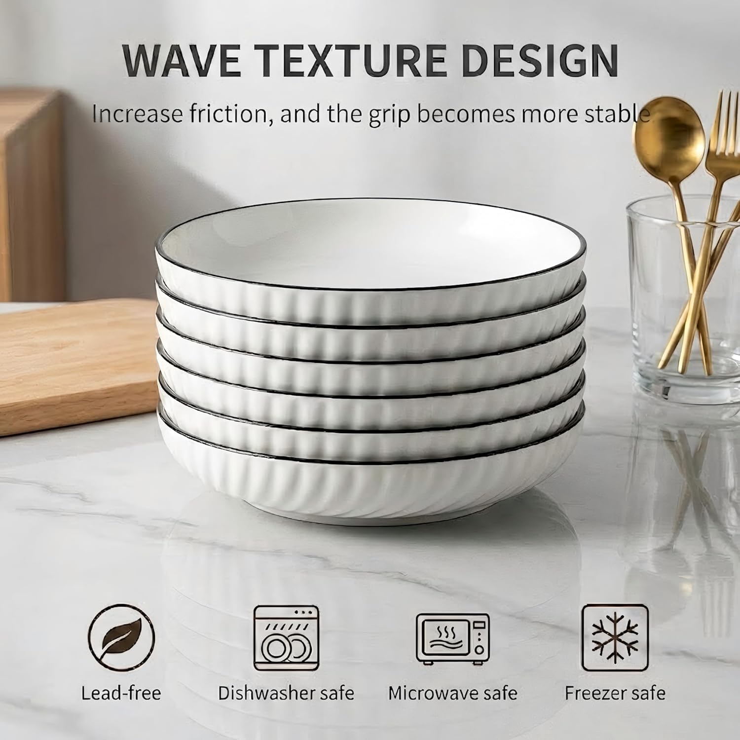 Pasta Bowls Set of 6, 22 oz Ceramic Salad Bowls, 8.3 inch Wide & Shallow Serving Bowls for Pasta, Salad, Soup, Dessert, Microwave and Dishwasher Safe, White Dinner Plates Kitchen Gifts