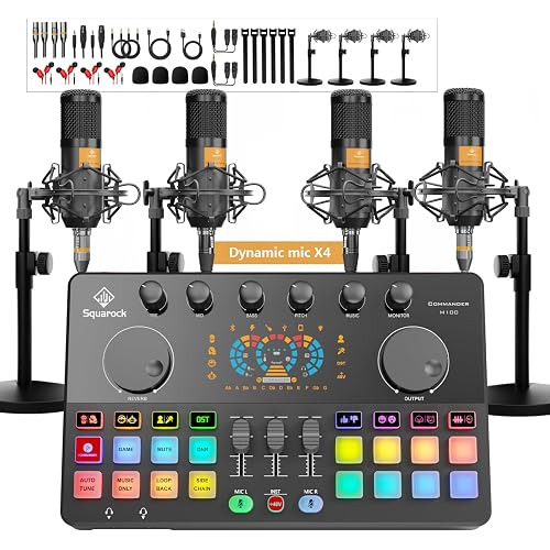 Podcast Equipment Bundle for 4, All-in-One Audio Mixer with Dynamic Micophones Noise Reduction for Live Streaming/Recording/Singing，PC,Smartphone，TikTok M100 3rd