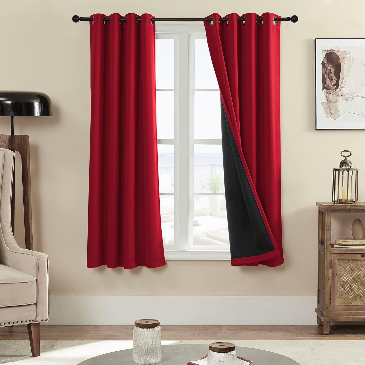 100% Blackout 340 GSM Curtain Panels , Heat and Full light Blocking Drapes with Grommets for Bedroom, Red Thermal Insulated Window Treatment Drapes for Living Room (Red, 2 Panels, 52 x 63 inch)