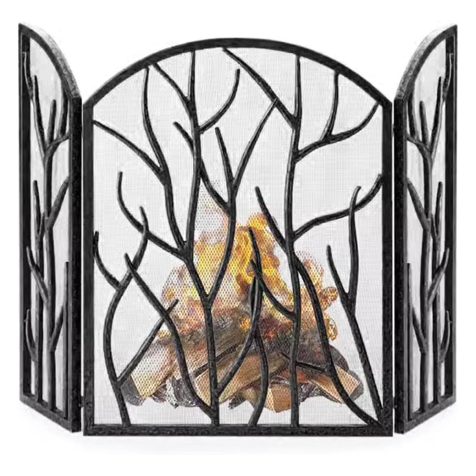 Parascintille per Caminos a Tre Pannelli con Motivo a Rami, In Ferro a Forma di Arco, Pieghevole E Robusto, Schermo per Camino con Rete Metallica(Black)