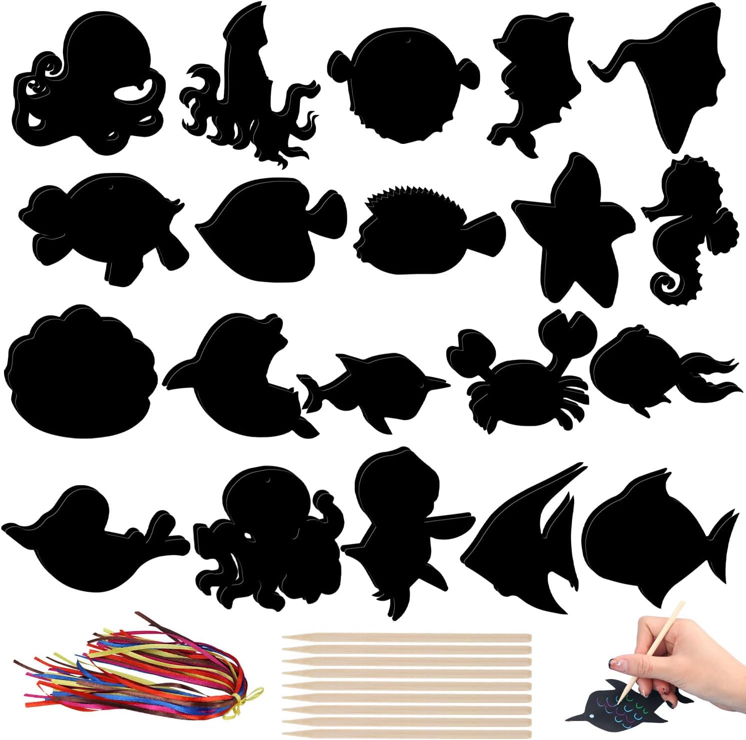 40pcs Ocean Animals Scratch Cards, Sea Ocean Sealife Scratch Cards with 20pcs Wooden Sticks and 40pcs Ropes for Craft Decorations Leisure Time Entertainment Supplies